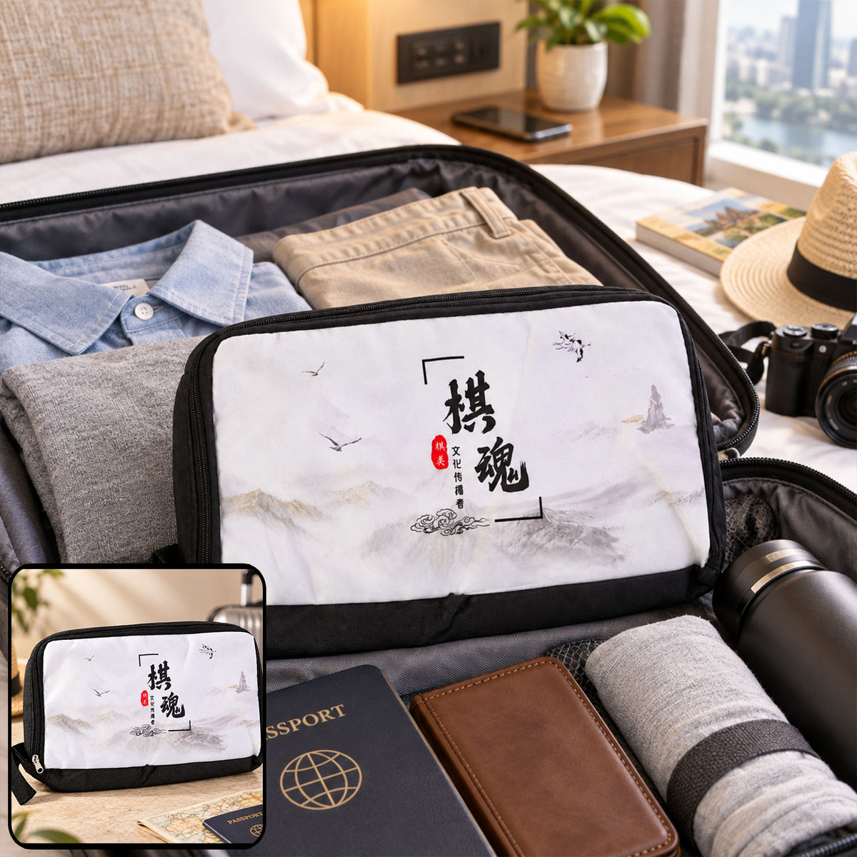 Printed travel organizer pouch with zipper and carry loop - view 01