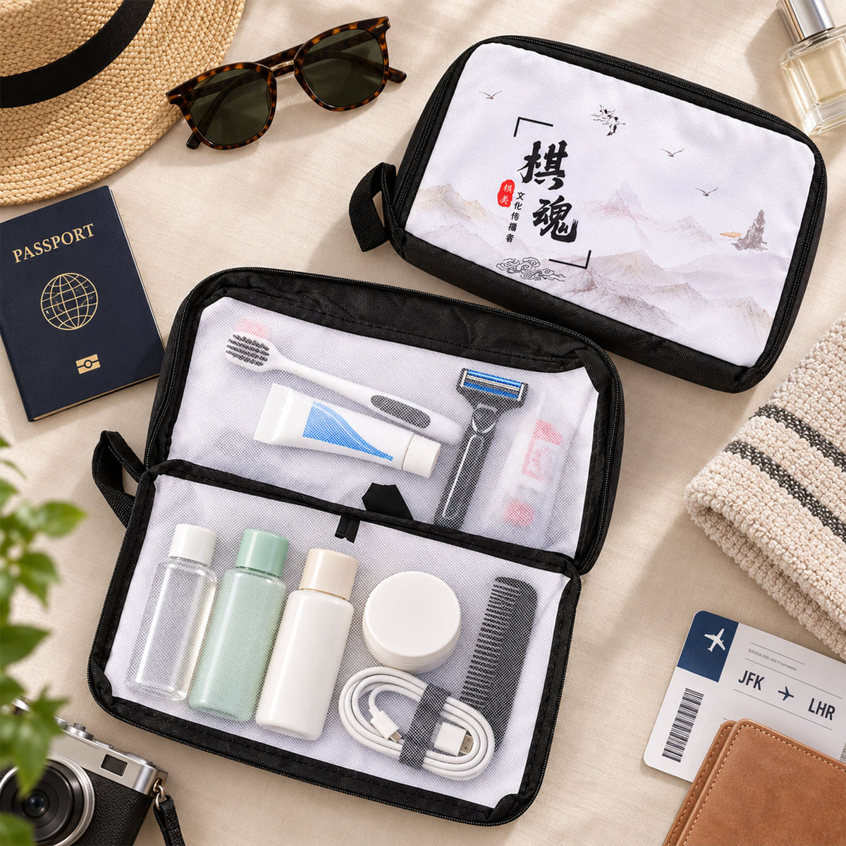 Printed travel organizer pouch with zipper and carry loop - view 02