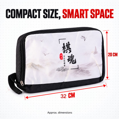 Travel organizer pouch size guide showing 32 cm width and 20 cm height