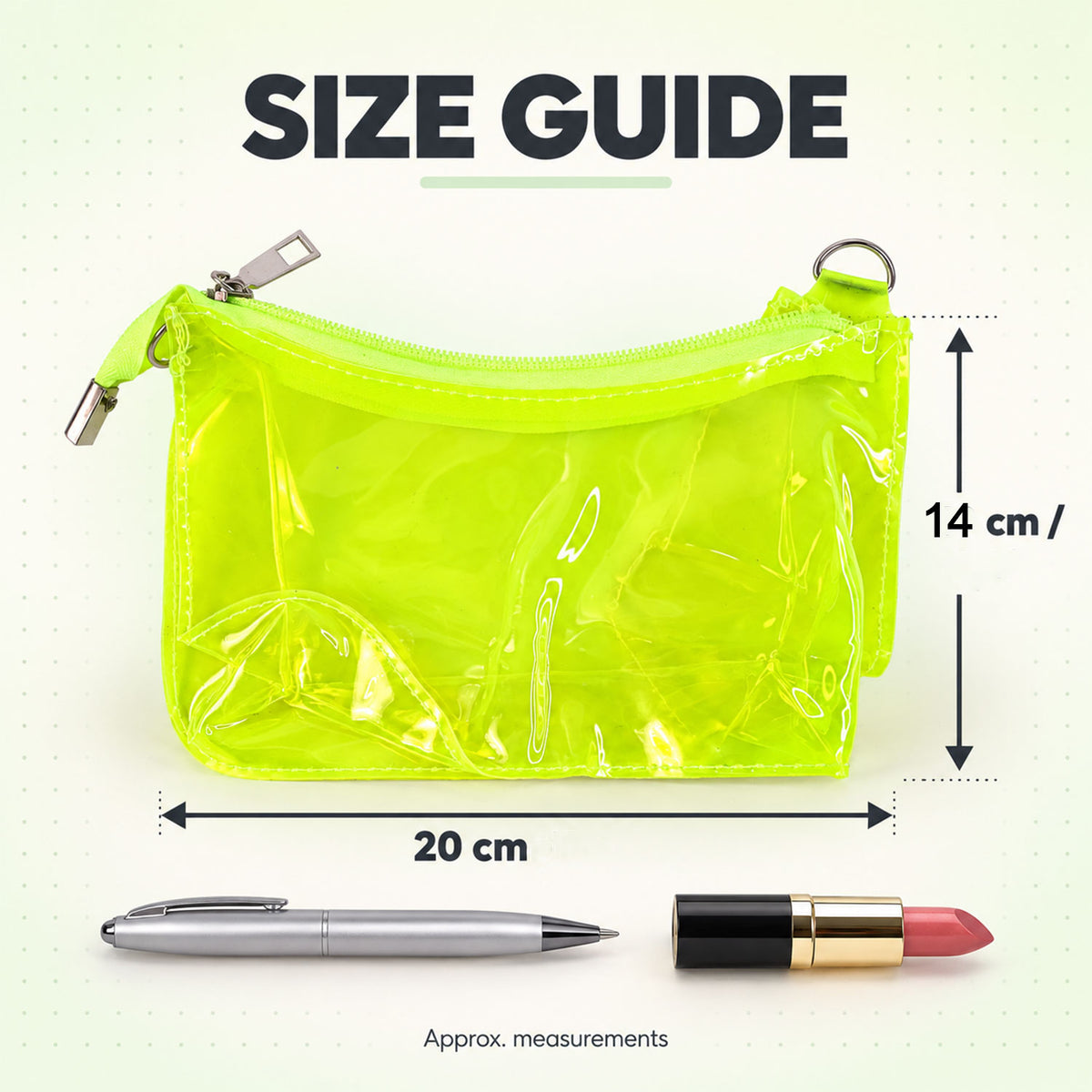Stationery pouch size guide showing 20 cm width and 14 cm height