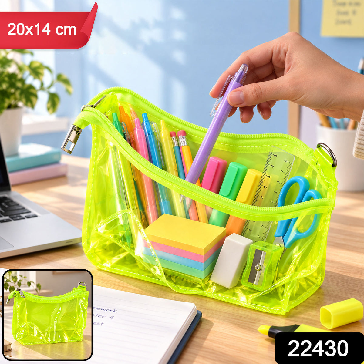 Transparent stationery pouch with product code 22430 and 20x14 cm label