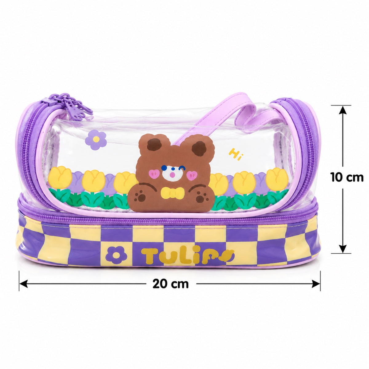 Double layer pouch size guide showing 20 cm width and 10 cm height