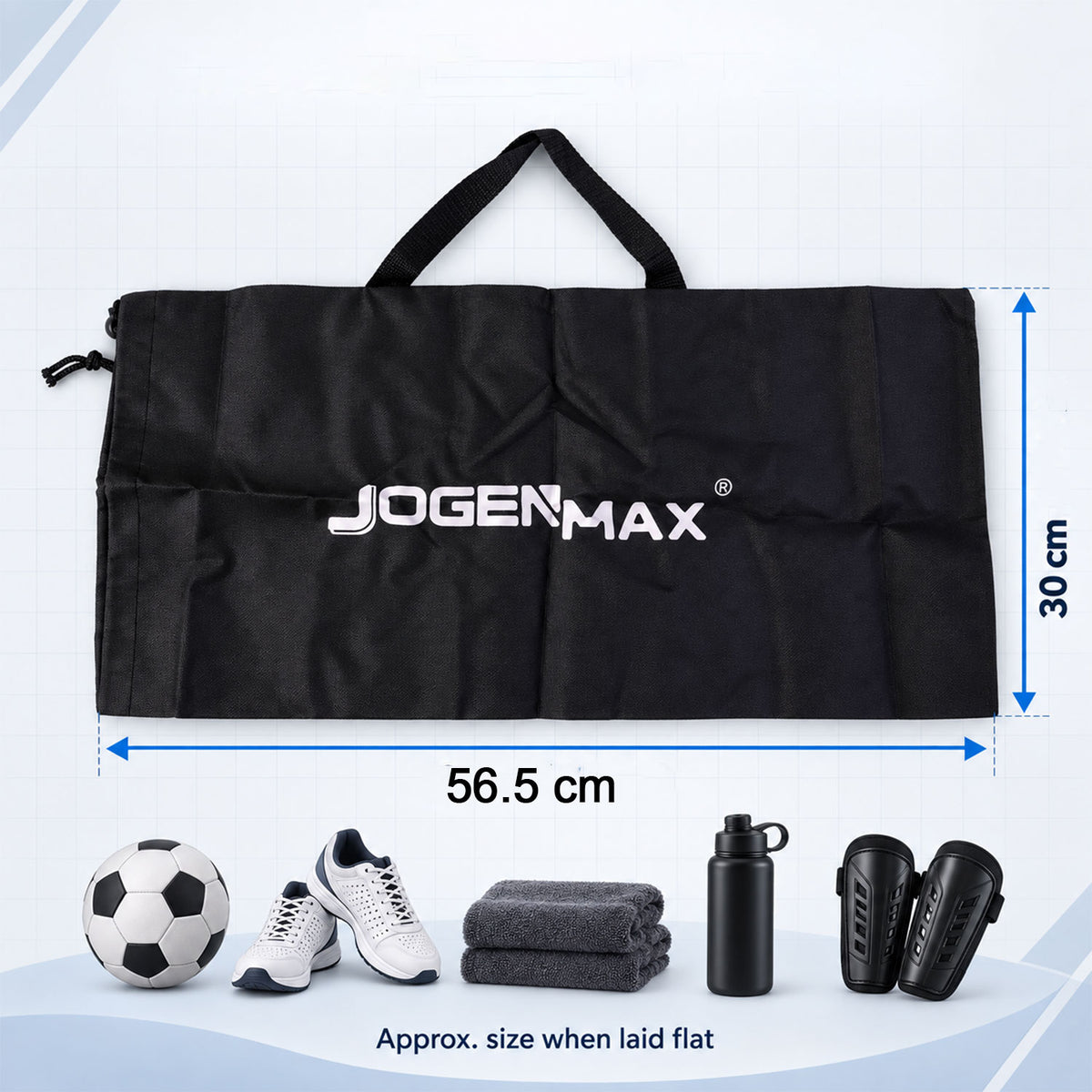 Sports kit bag size guide showing approximately 56.5 by 30 cm laid flat