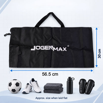 Sports kit bag size guide showing approximately 56.5 by 30 cm laid flat