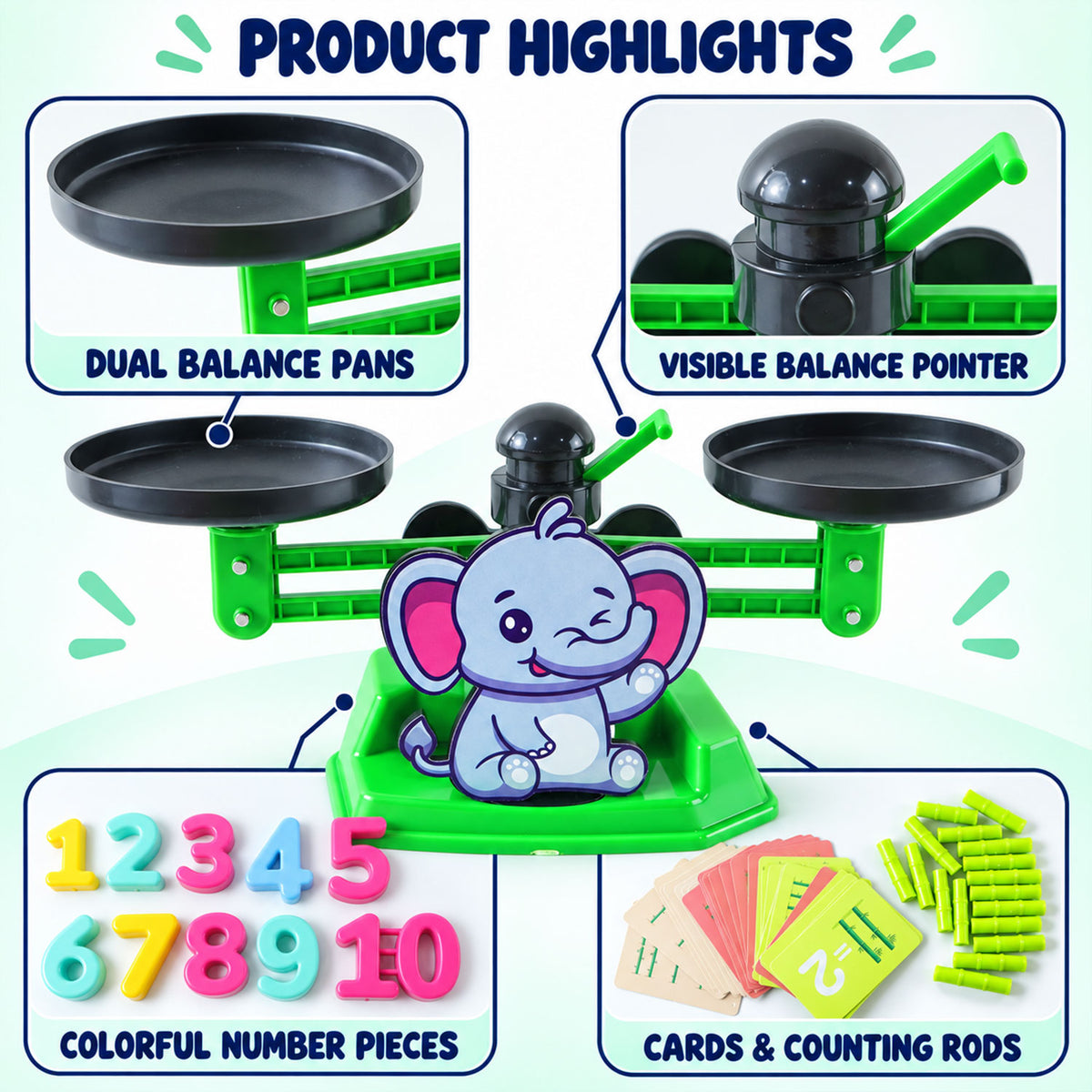 Balance scale number pieces cards and rods