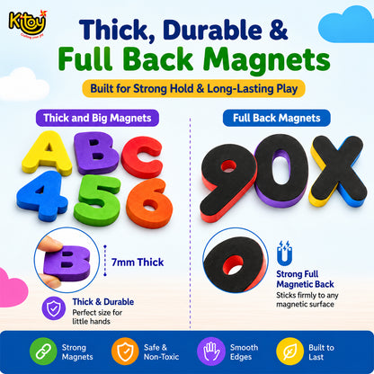 Alphabet and number magnets showing magnetic backs and thickness