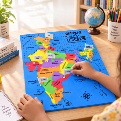 India map educational geography puzzle with capital flags