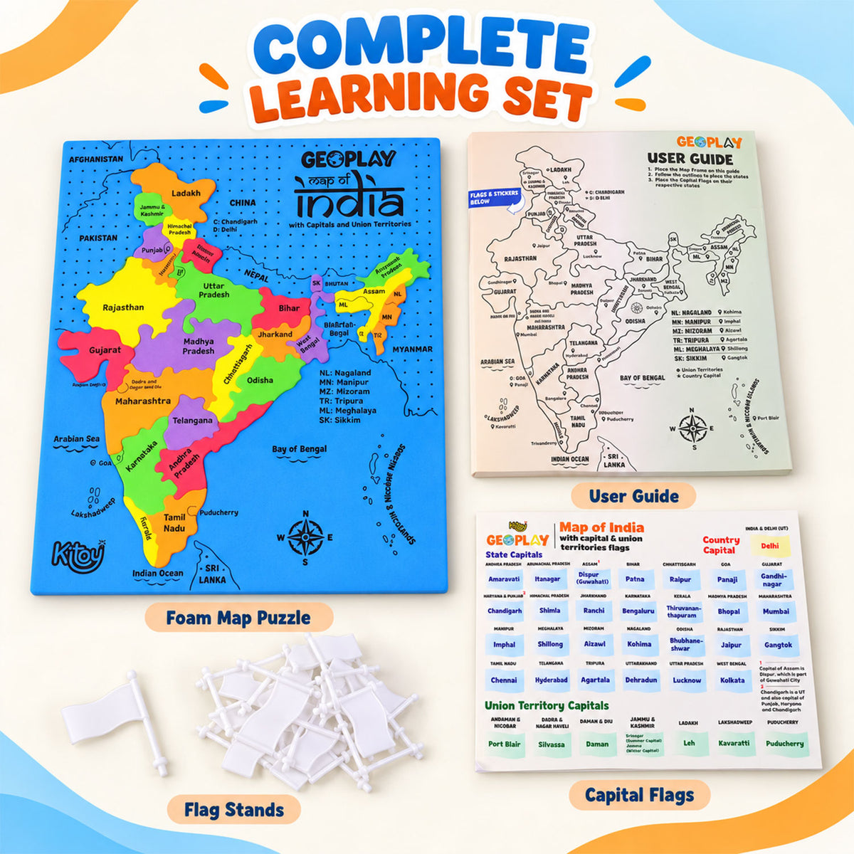 Map puzzle board, guide and flag components