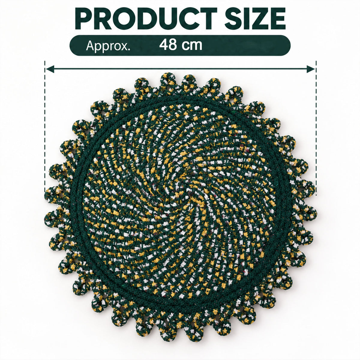 Round floor mat size guide showing approximately 48 cm diameter