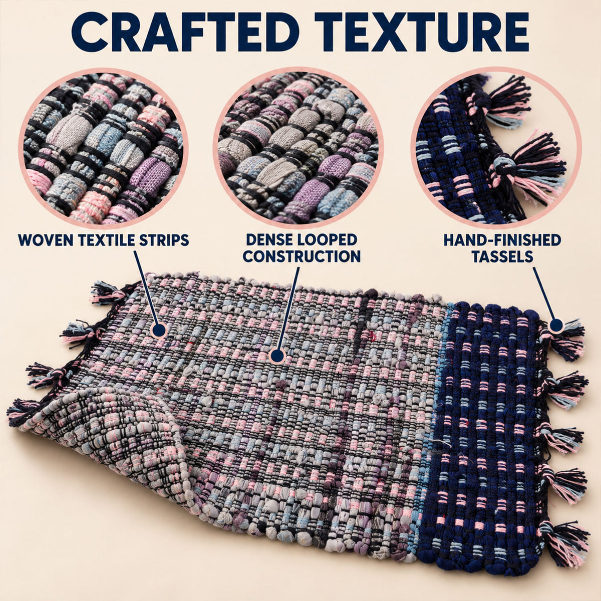 Textured woven floor mat with tassel edges - view 03