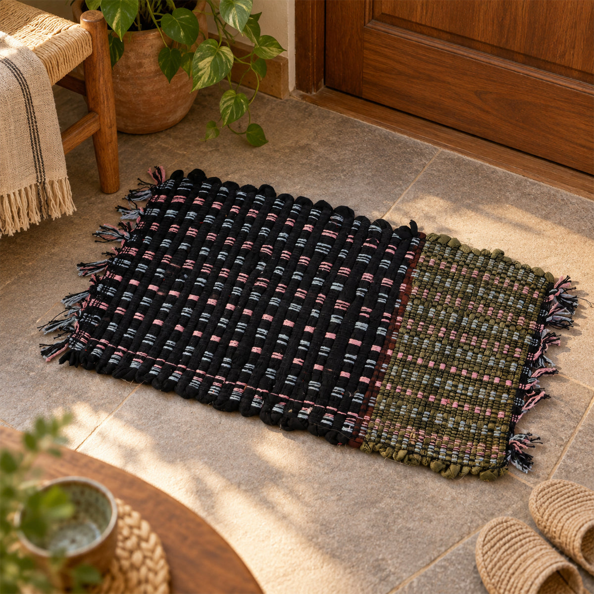 Two tone woven floor mat with tassel edges - Door-Mat-02