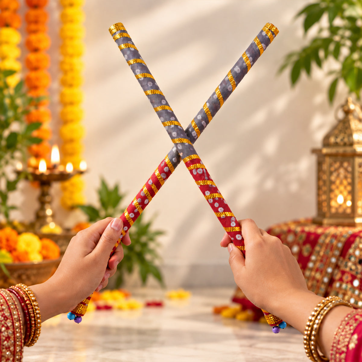 Decorated dandiya sticks with fabric wrapping and bells - Dandiya-01