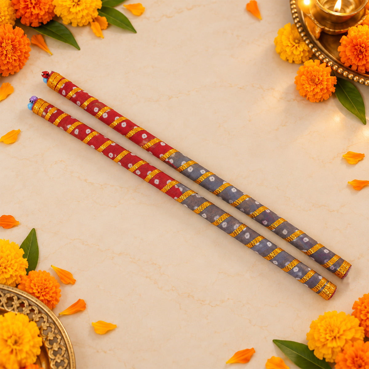 Decorated dandiya sticks with fabric wrapping and bells - Dandiya-02