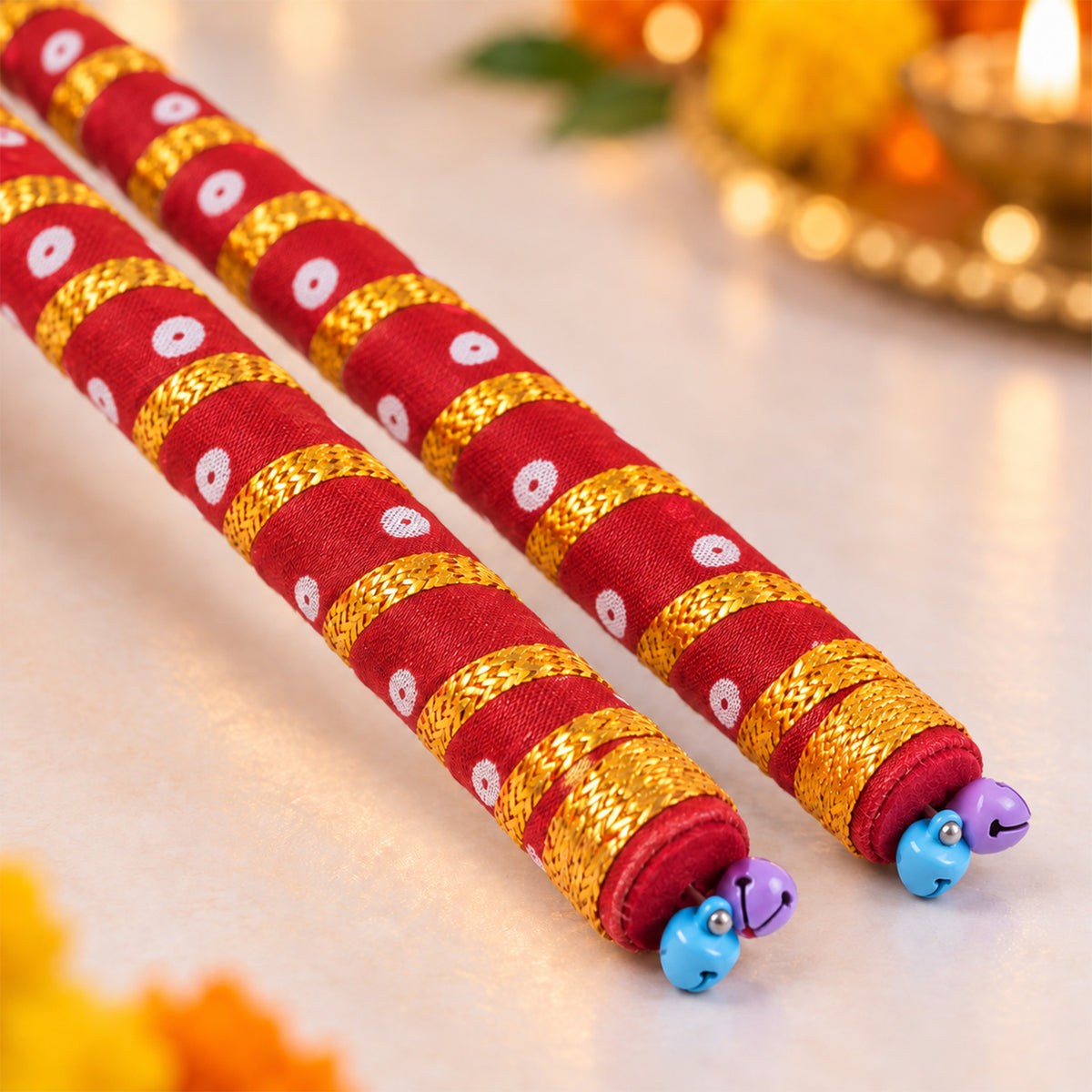 Decorated dandiya sticks with fabric wrapping and bells - Dandiya-03