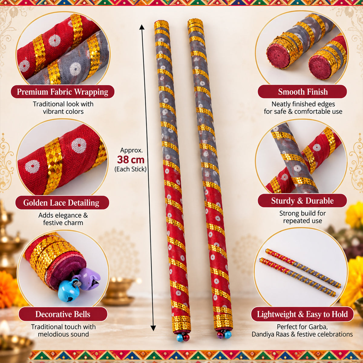 Decorative wooden base dandiya sticks - Dandiya-07