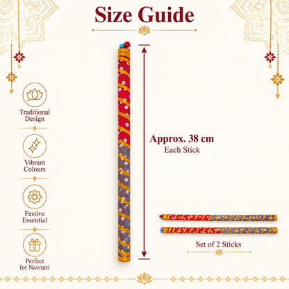 Dandiya sticks size guide showing approximately 38 cm length per stick and set of two