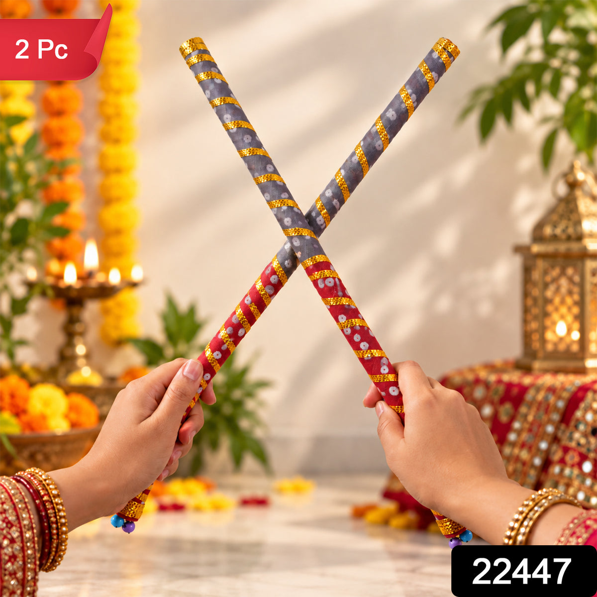 Decorative wooden base dandiya sticks with product code 22447 and 2 Pc label