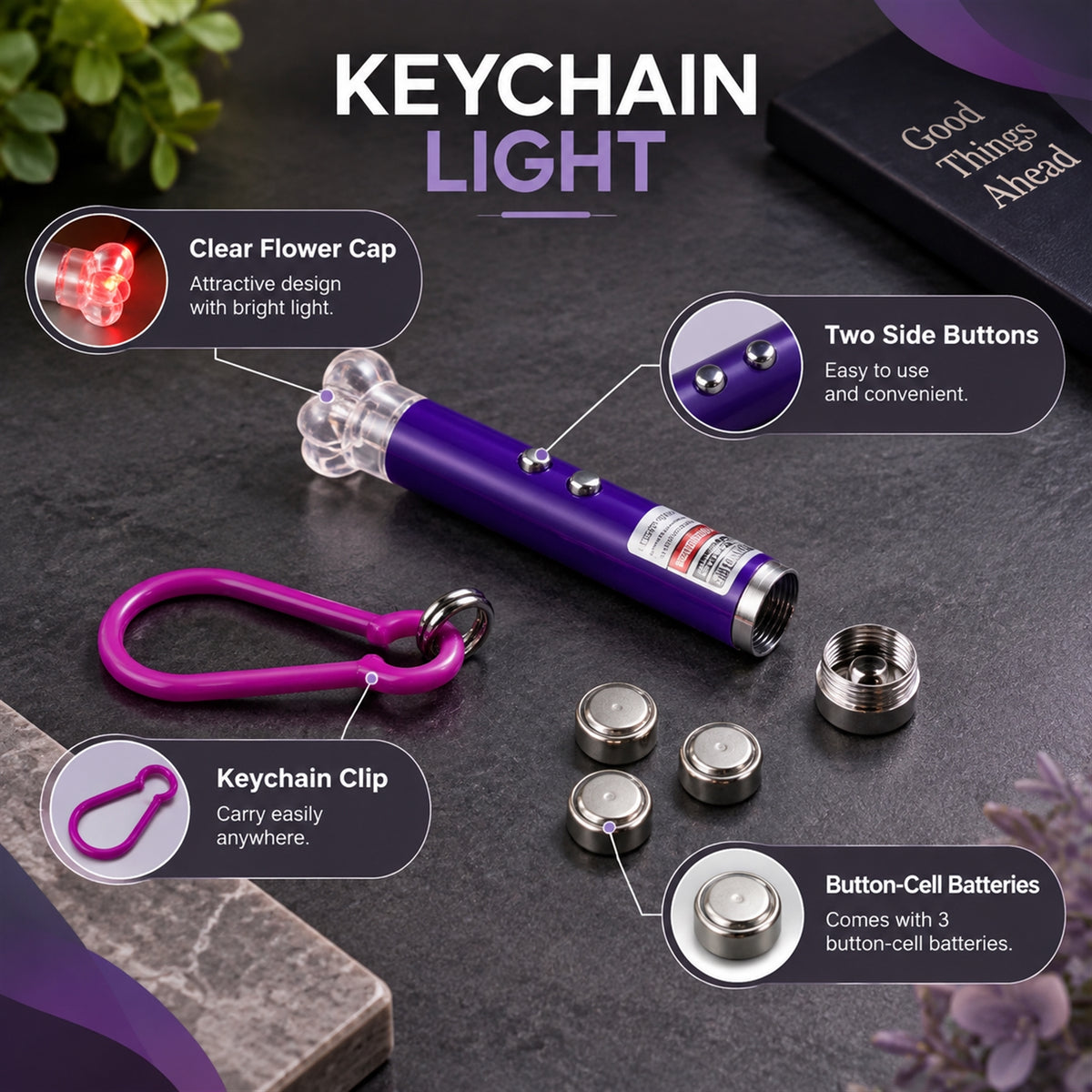 Side buttons, keychain clip and button-cell batteries