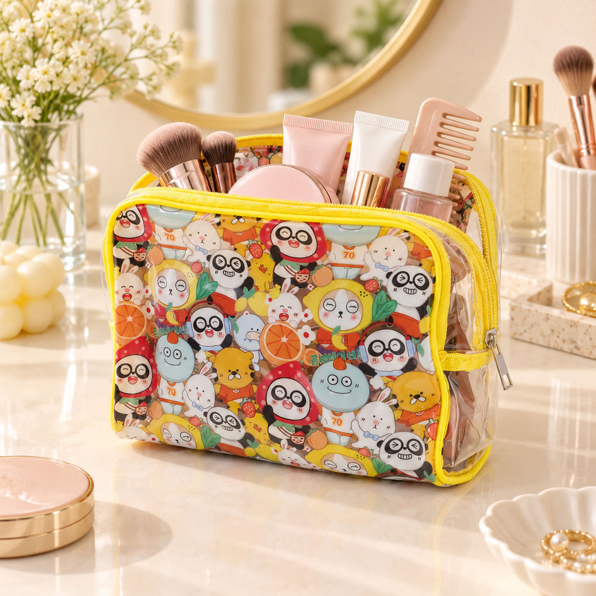 Cartoon-print cosmetic pouch shown with display cosmetics