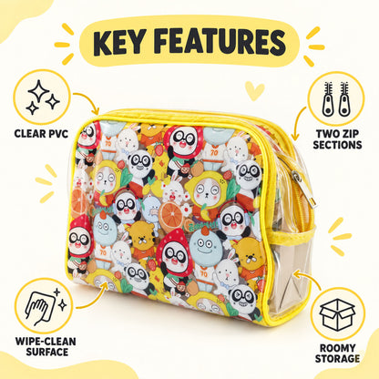 PVC pouch, two zip sections and wipe-clean surface details
