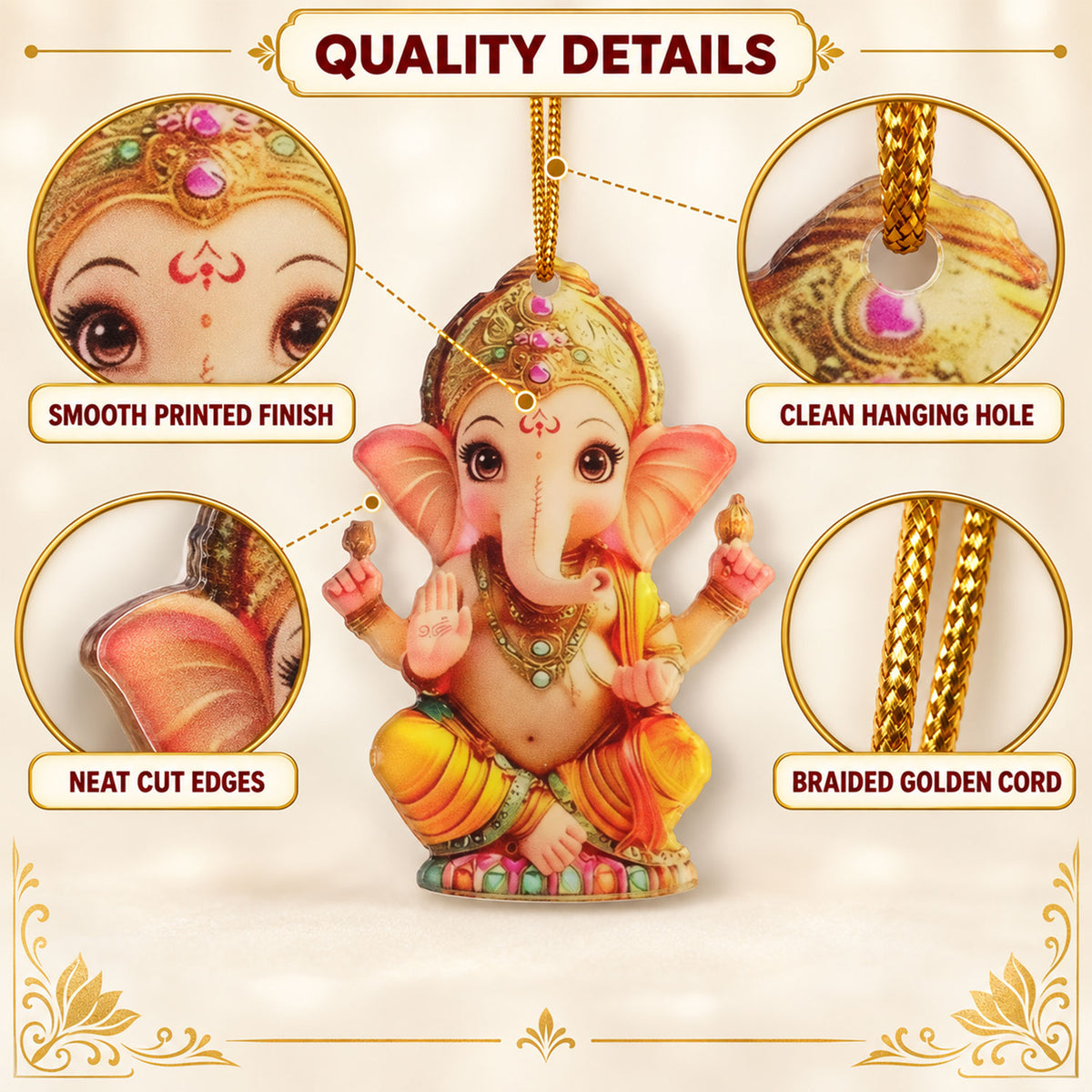Ganpati printed cutout and hanging cord details