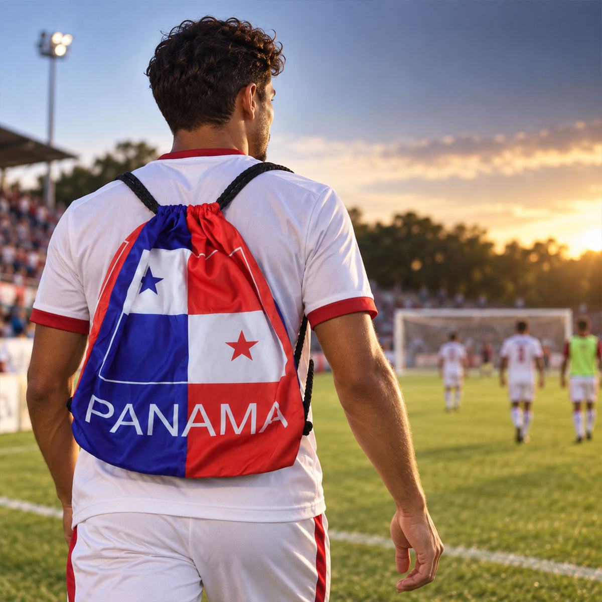 Printed drawstring backpack worn at sports field
