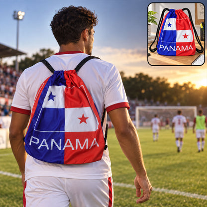 Drawstring backpack wearing example and product inset