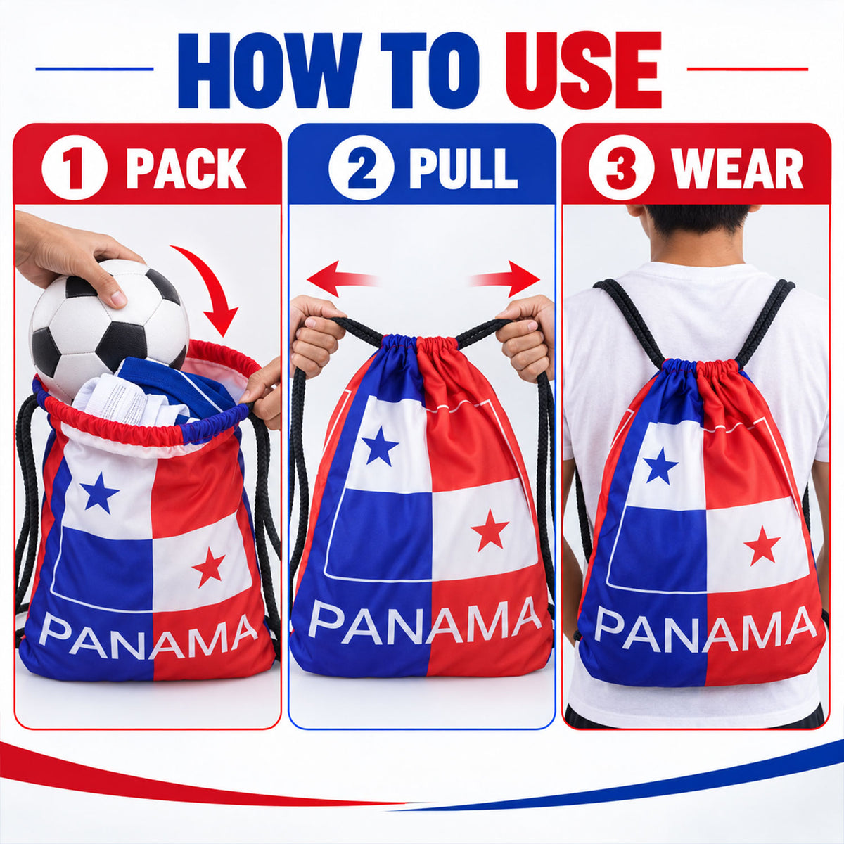 Drawstring bag packing and closing steps