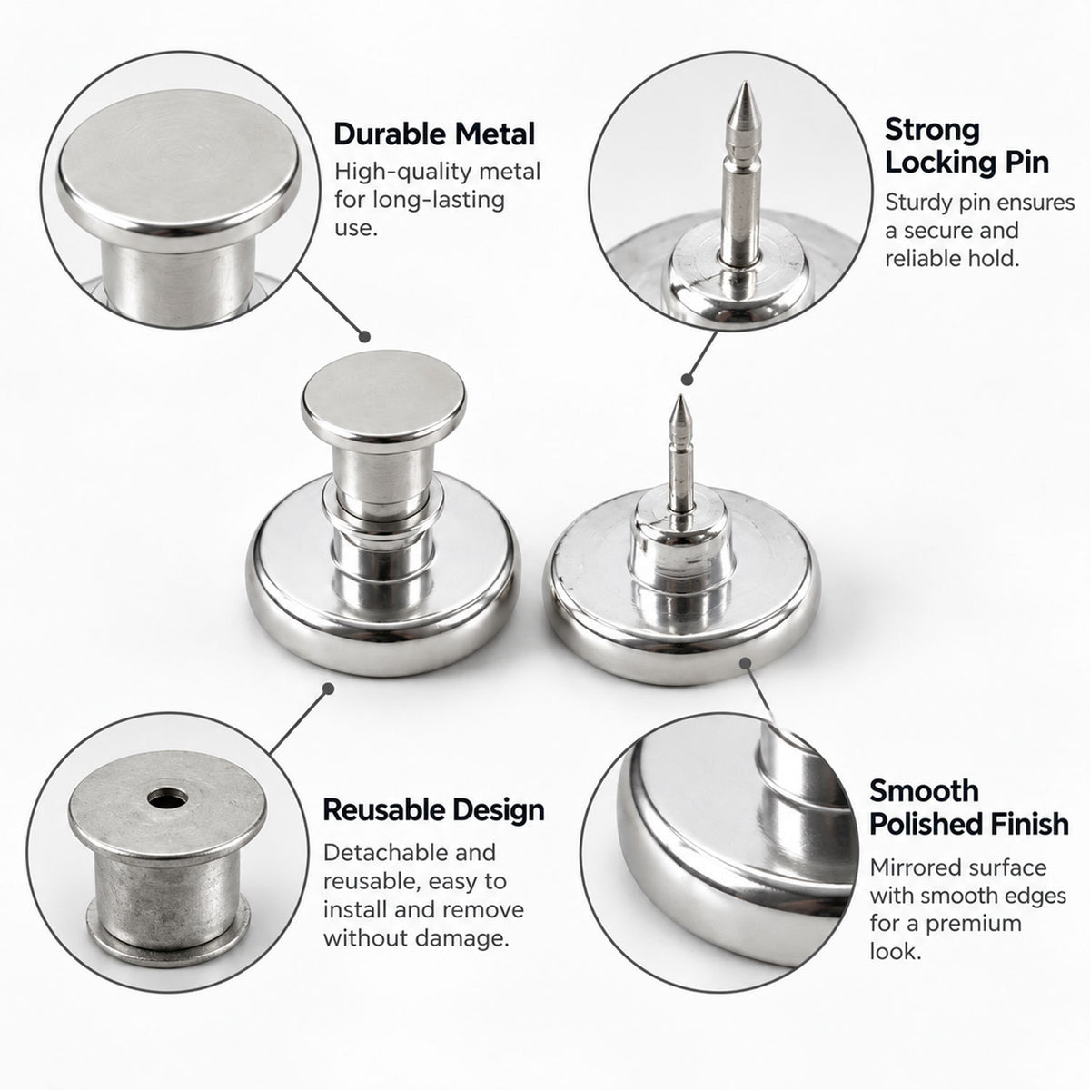Metal magnetic push pin clip for adjustable clothing fit - view 03