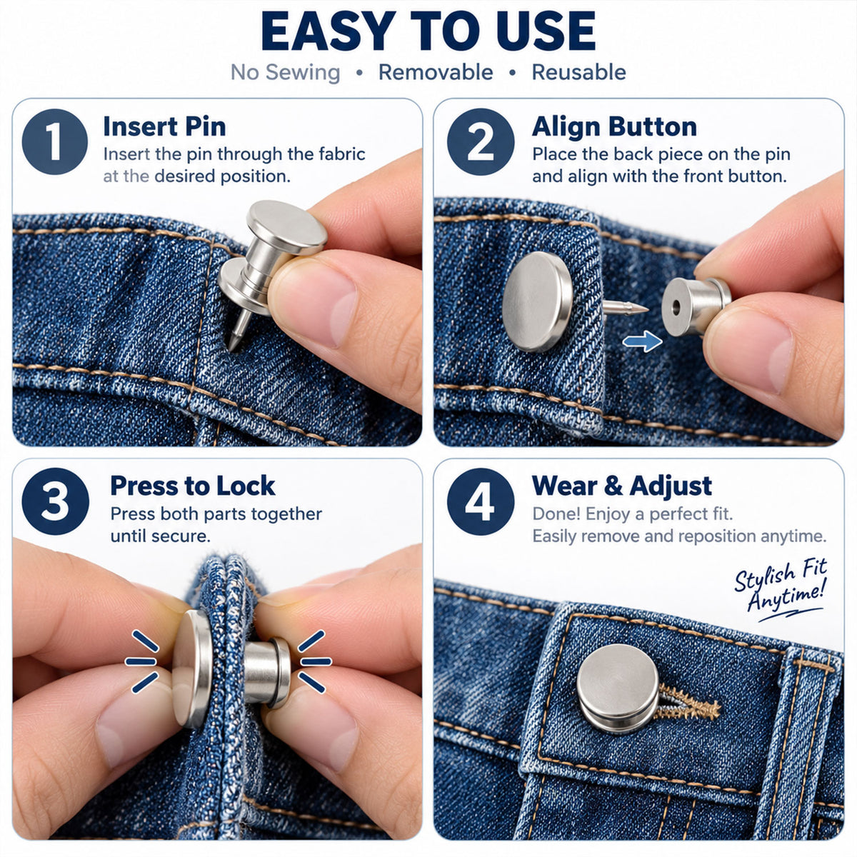 Metal magnetic push pin clip for adjustable clothing fit - view 04