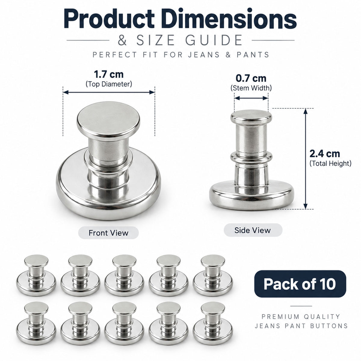 Magnetic push pin clip size guide showing approximately 2.4 cm total height and 1.7 cm top diameter