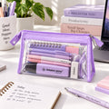 Transparent PVC Zipper Pouch with Purple Trim for Stationery and Travel (1 Pc, 20x12 Cm)