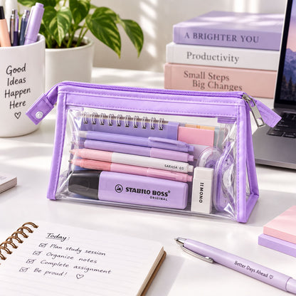 Transparent PVC zipper pouch with purple trim - view 01