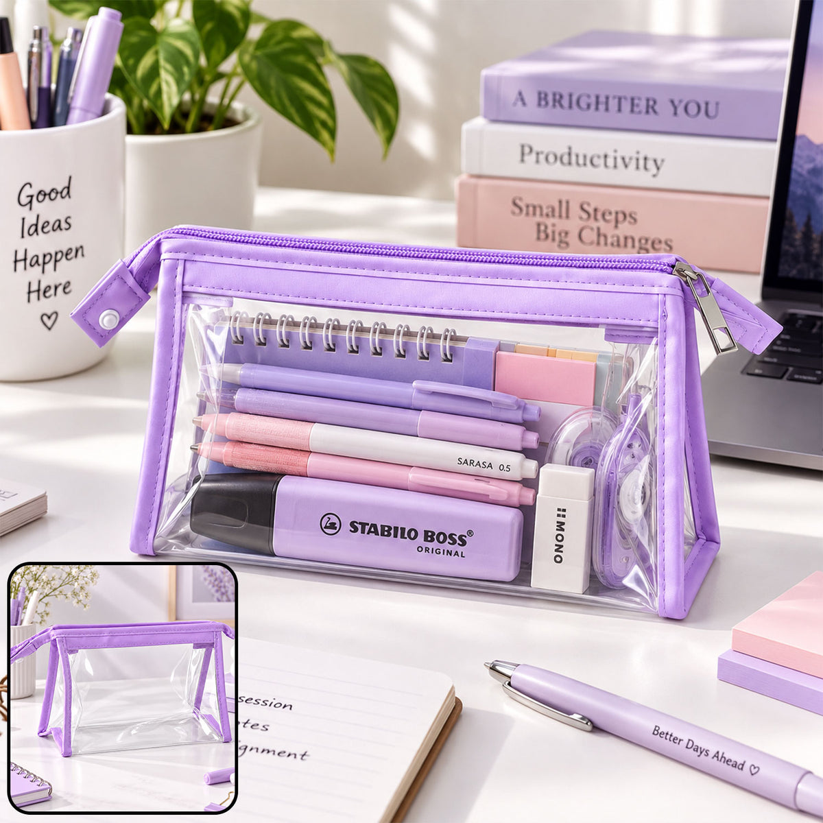 Transparent PVC zipper pouch with purple trim - view 02