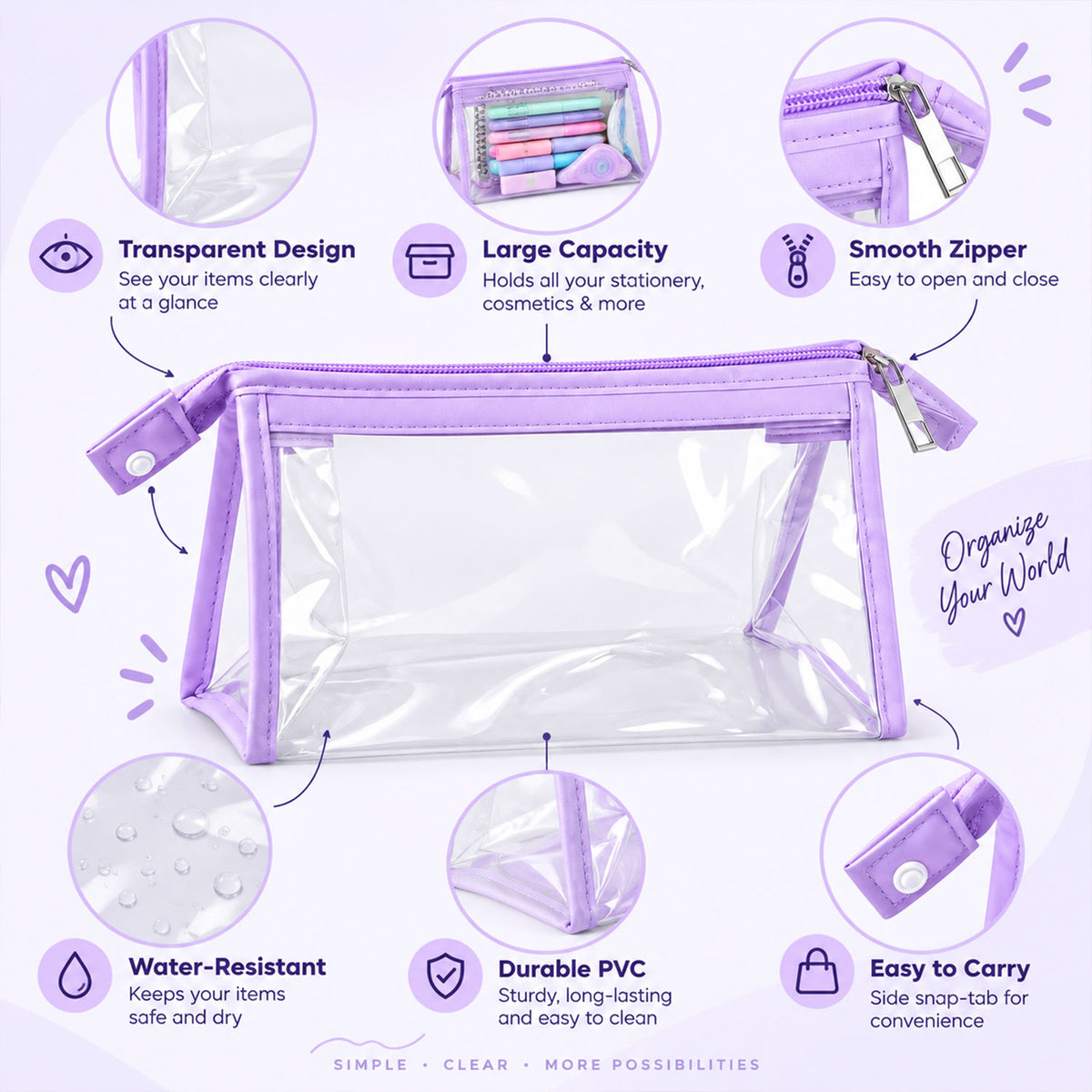 Transparent PVC zipper pouch with purple trim - view 03