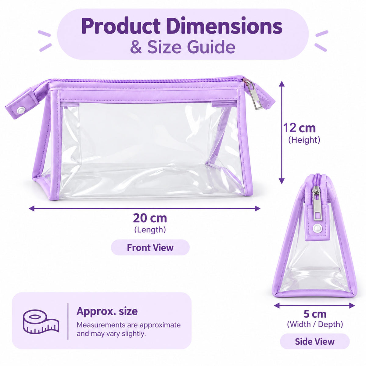 Transparent pouch size guide showing approximately 20 cm length, 12 cm height and 5 cm depth