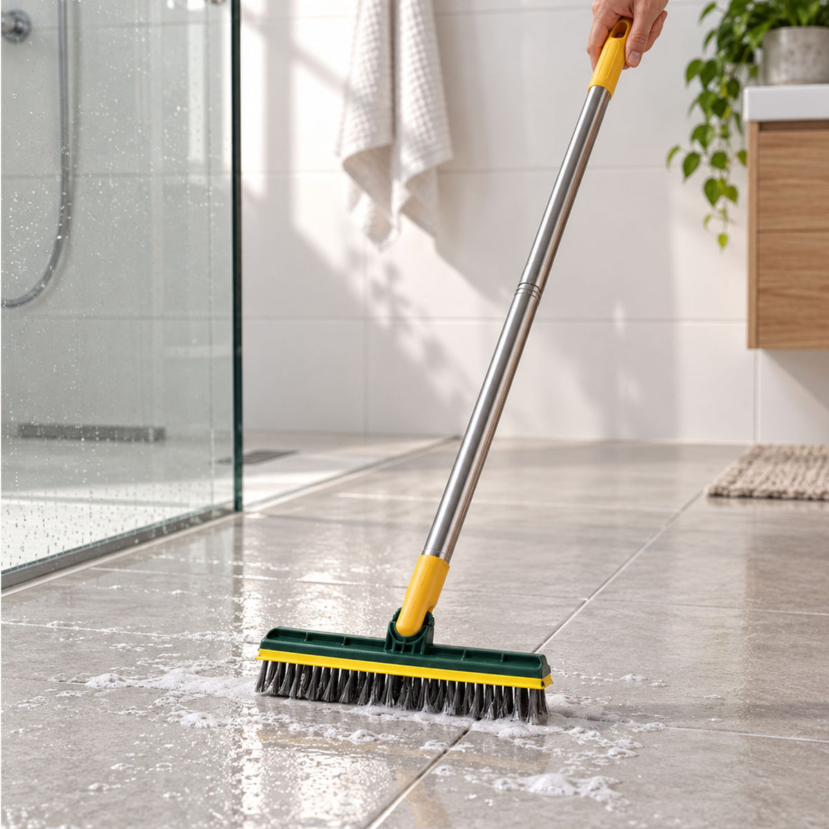 Two-in-one floor cleaning brush in use