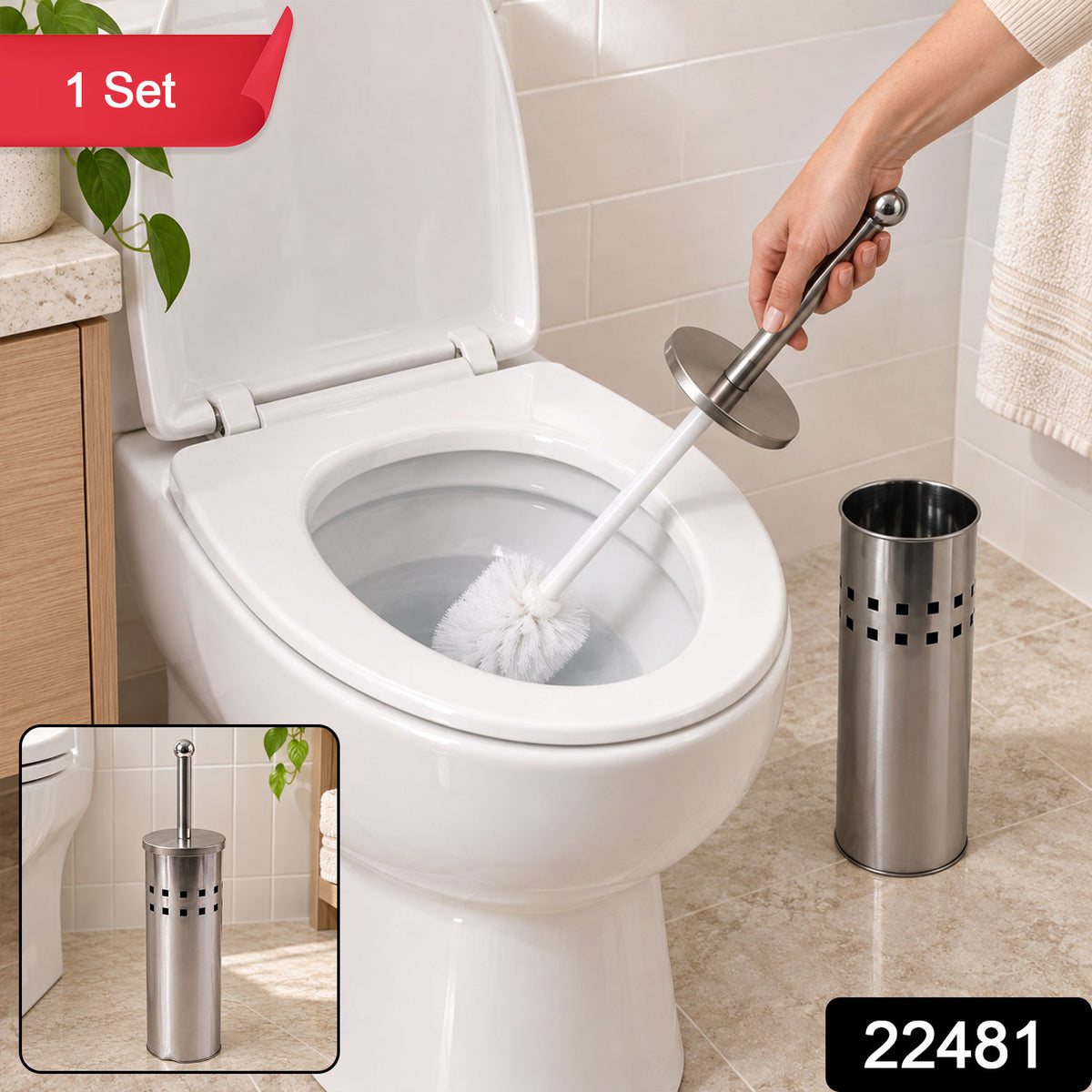 Stainless Steel Toilet Brush with Holder, Toilet Cleaning Brush Stand (1 Set)