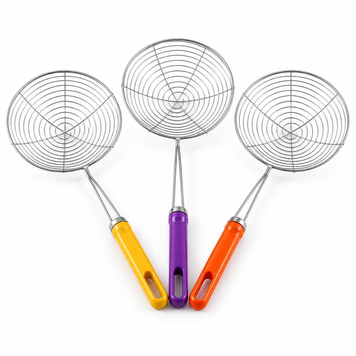 Stainless Steel Frying Strainer Spoons with Long Colour Handles (3 Pc)
