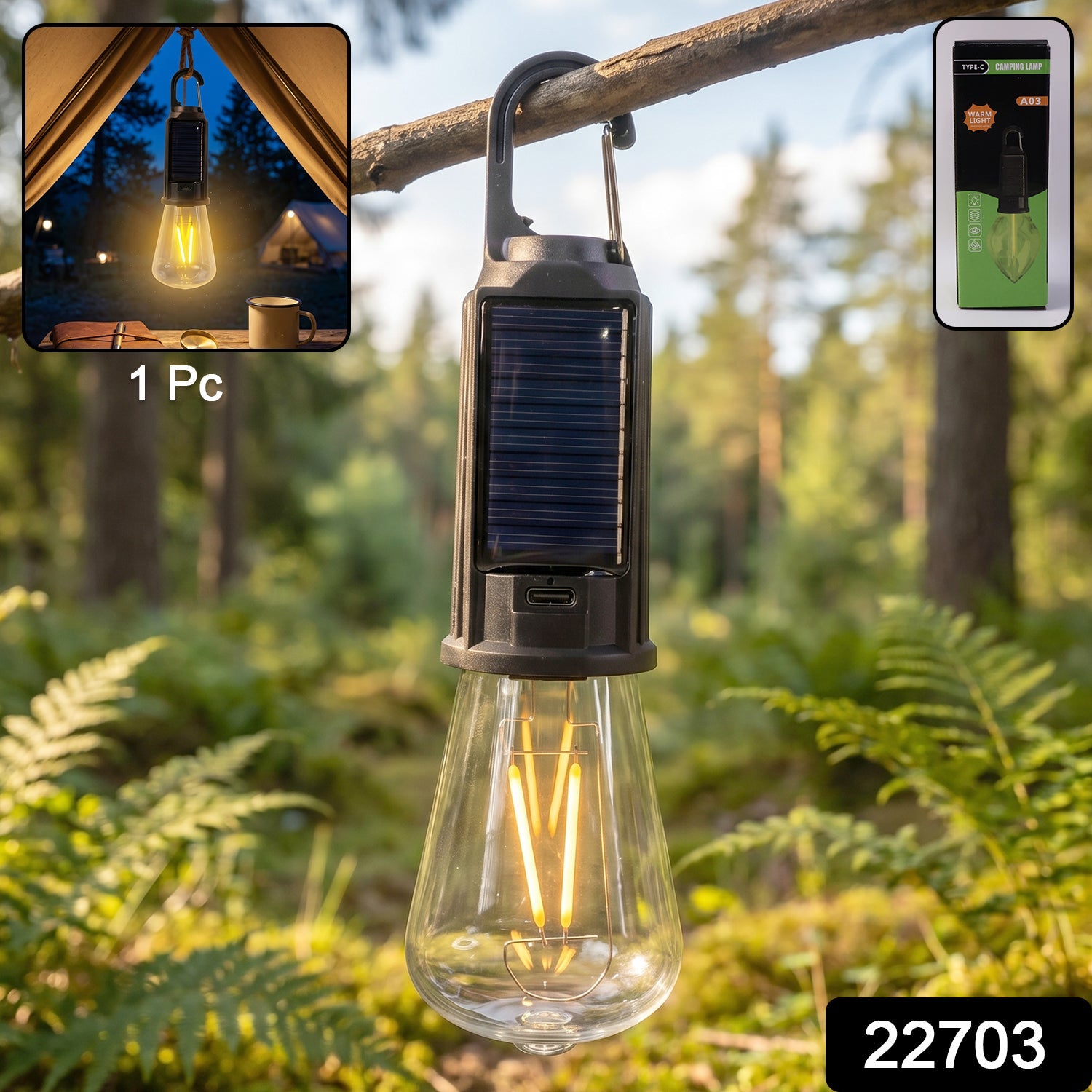 Solar Rechargeable Camping Lamp LED Bulb Warm Light with Hook Portable (1 Pc)