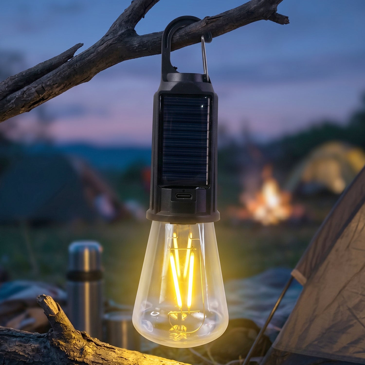 Solar Rechargeable Camping Lamp LED Bulb Warm Light with Hook Portable (1 Pc)