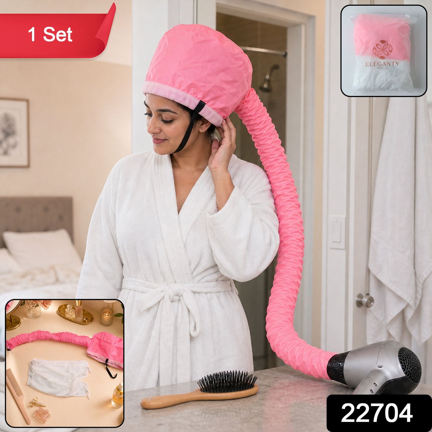 Bonnet hair dryer pack showing adjustable hooded cap
