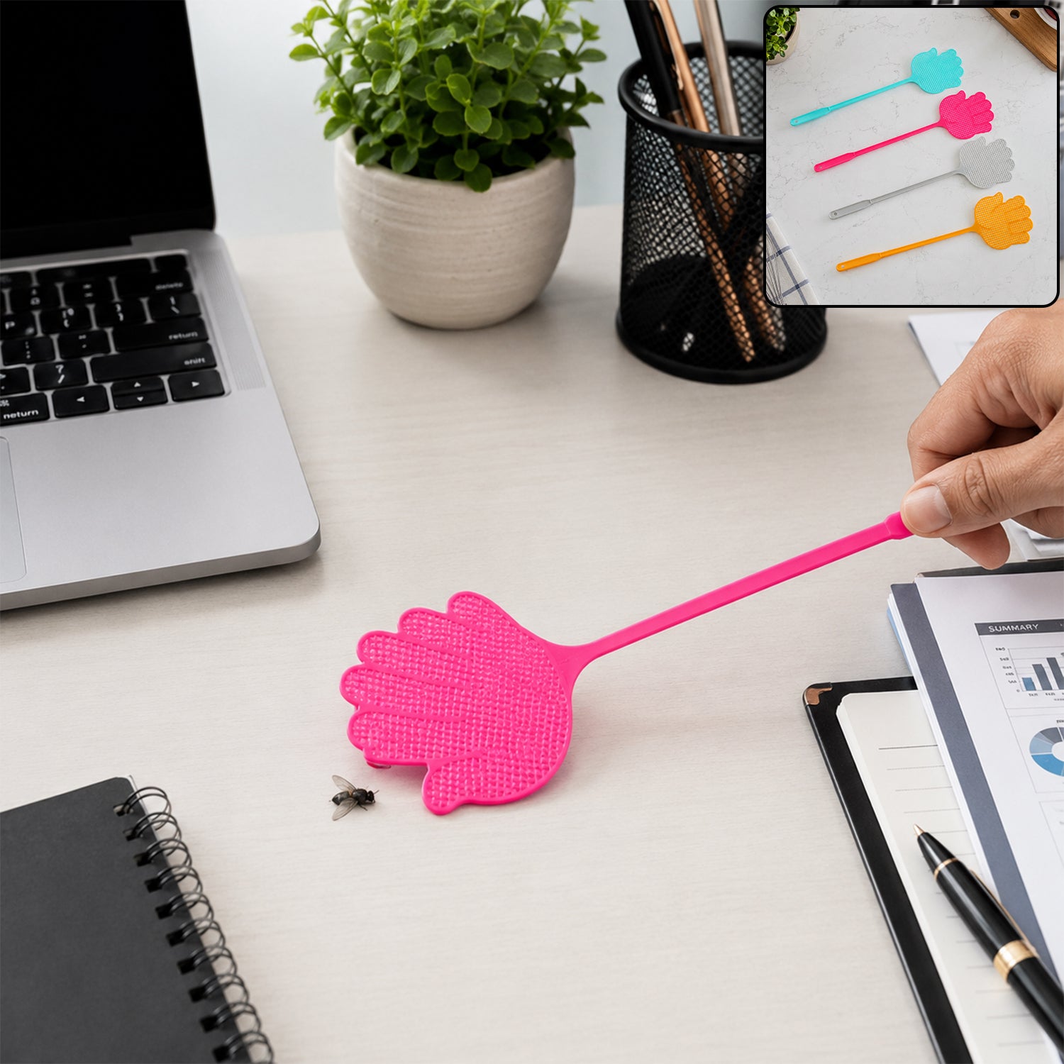 Long handle plastic fly swatter in home office use