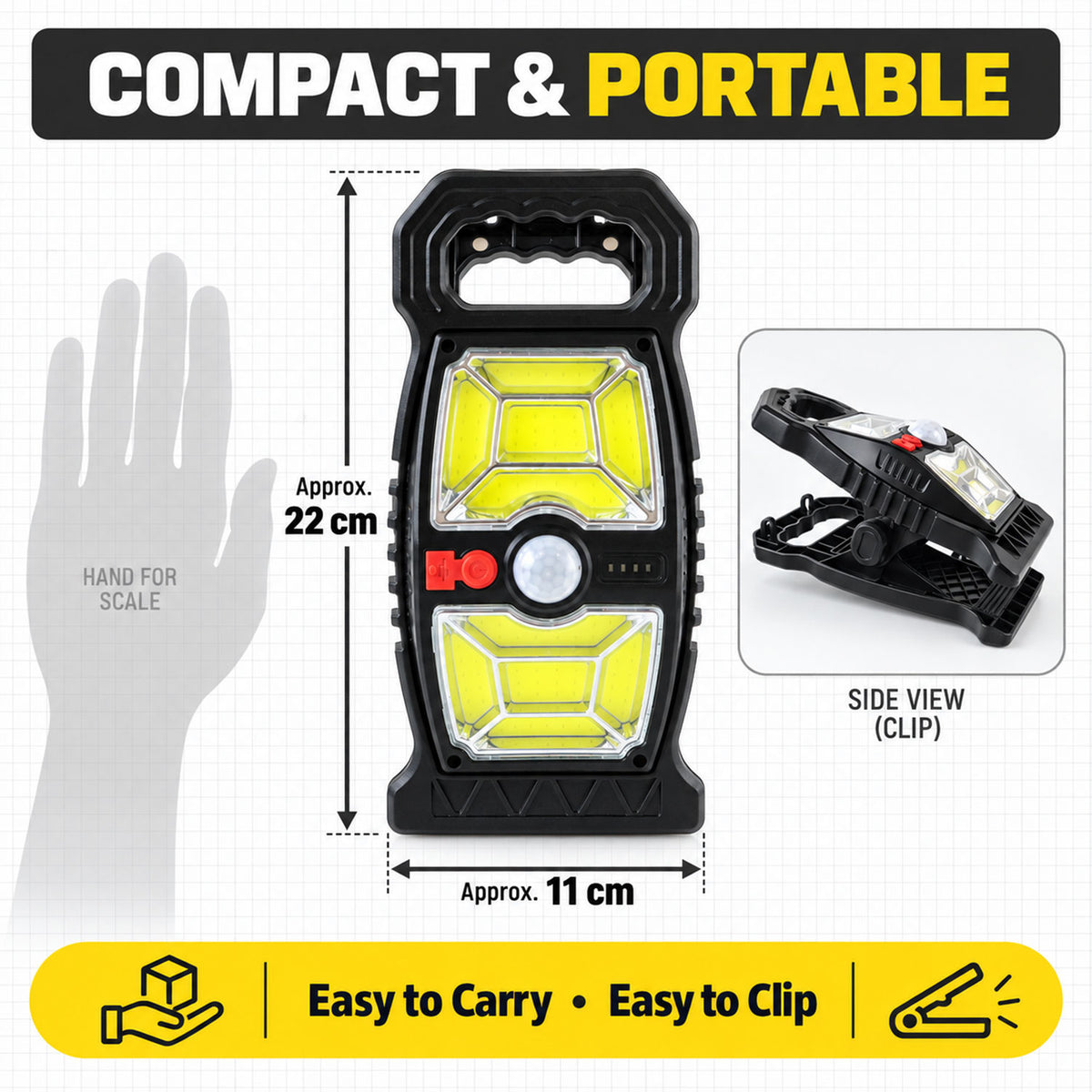 Solar motion sensor rechargeable clip light - dimensions