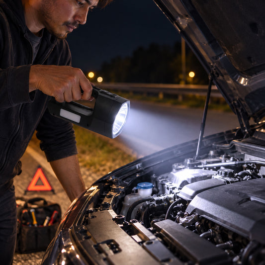A person holds a black torch, shining its bright beam into the engine of a car at night.