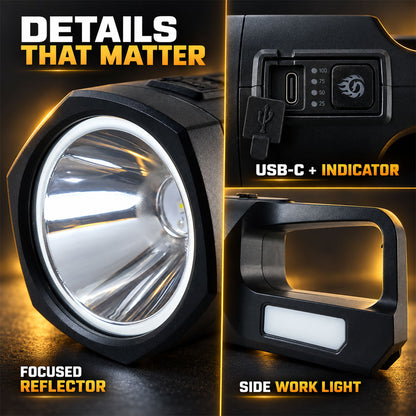Rechargeable LED torch with side work light view 03