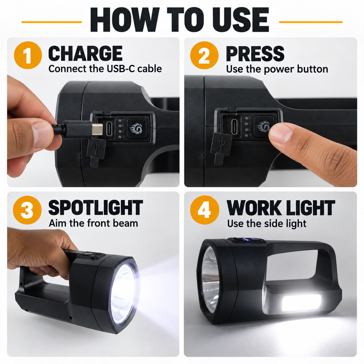 Rechargeable LED torch with side work light view 04