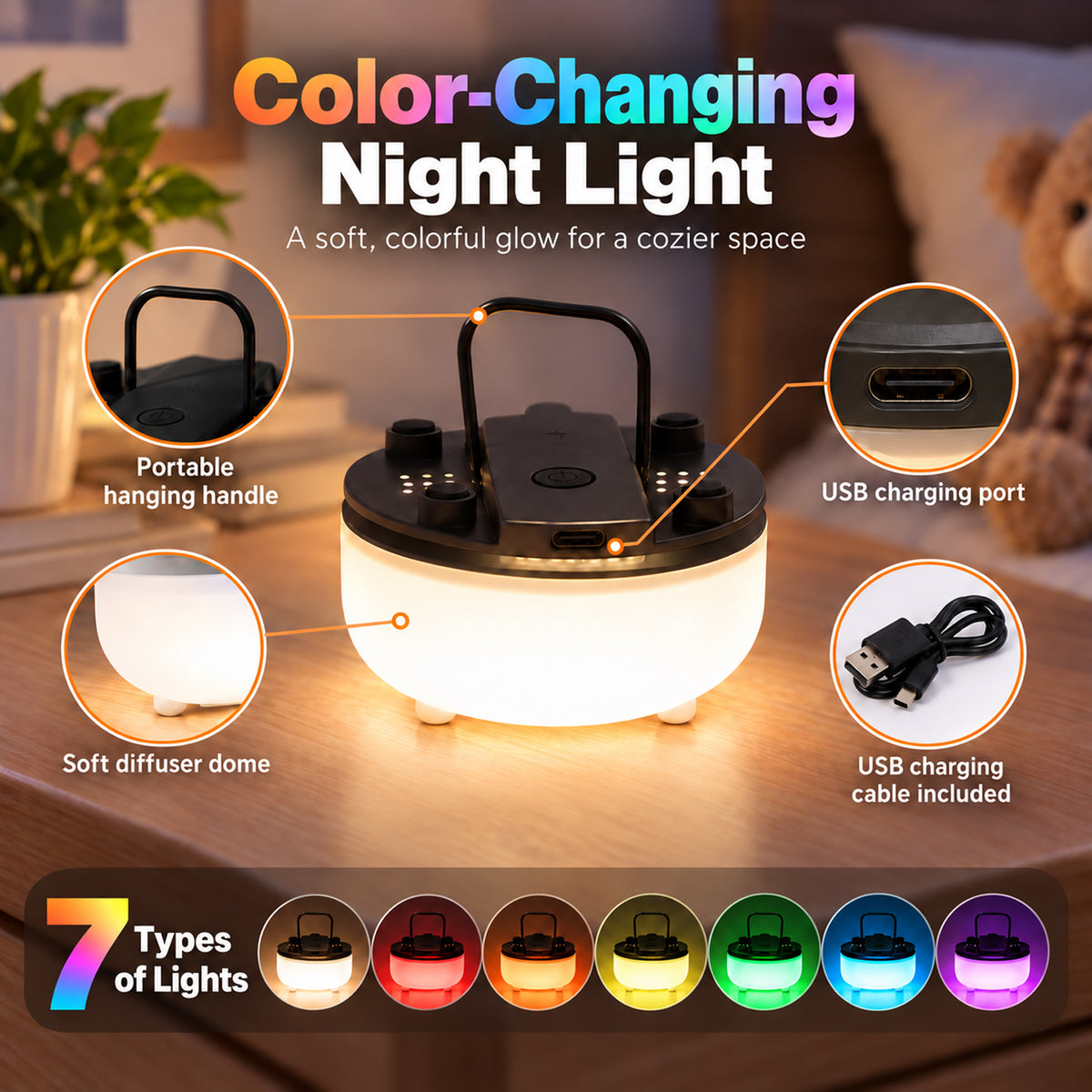 Seven colour LED night light with hanging handle 7