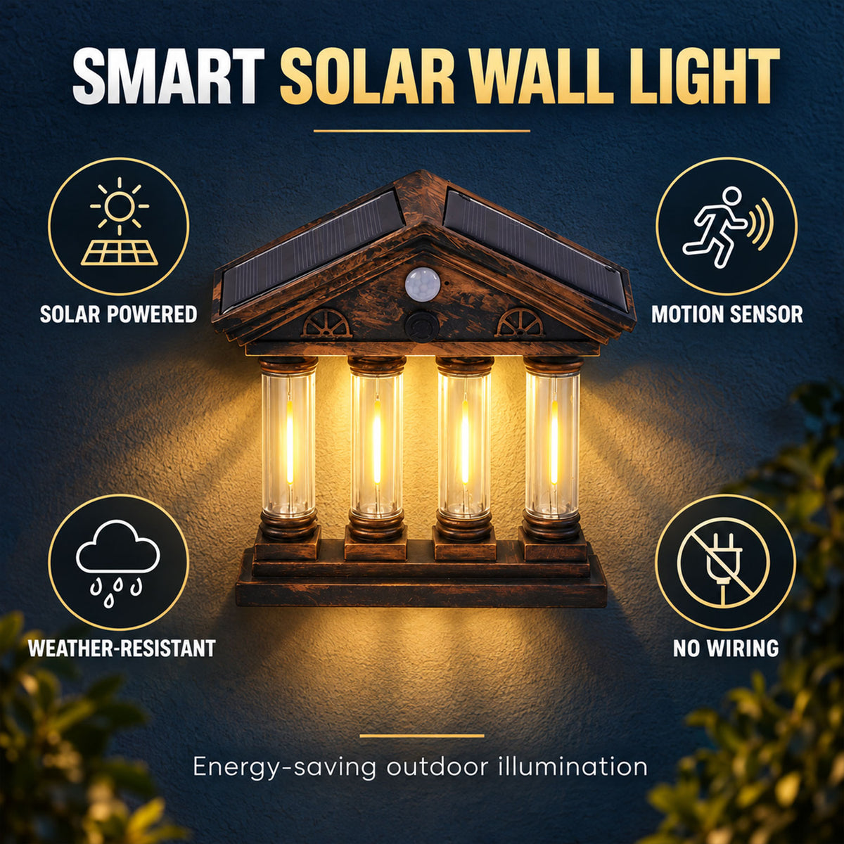 Four COB motion sensor solar wall light with dual solar panels 4
