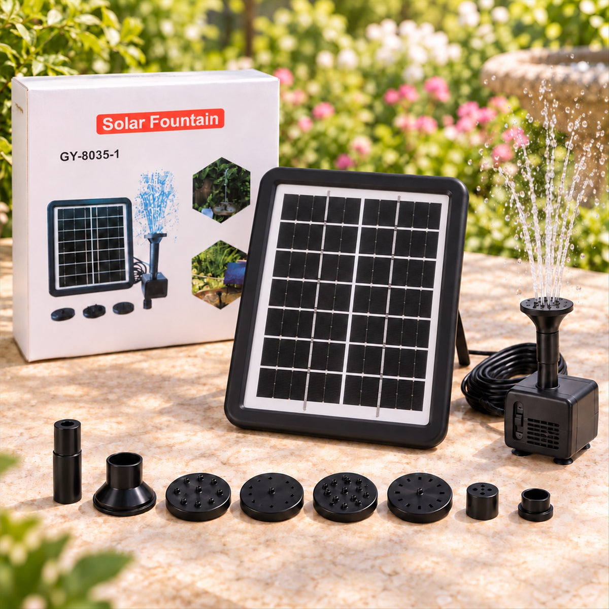 Solar water fountain pump kit with panel and interchangeable nozzles 1